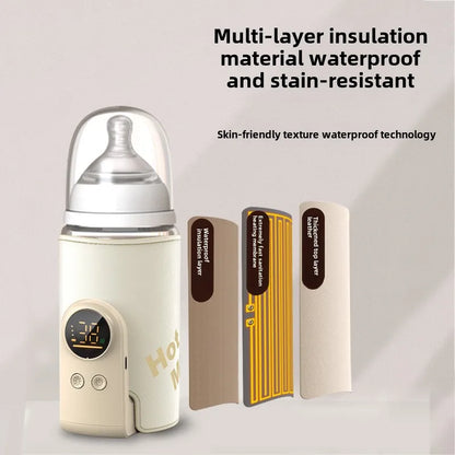 Compact wireless bottle warmer for baby milk, shown with various bottle sizes, essential for infant care.