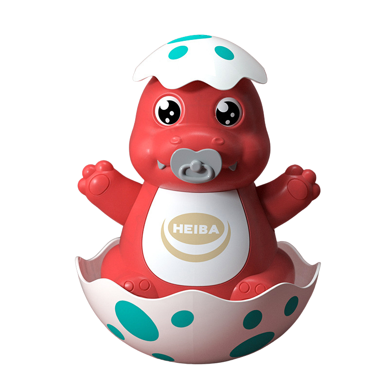 Close-up of a green wobbling dinosaur baby toy, engaging for developmental play and crawling infants