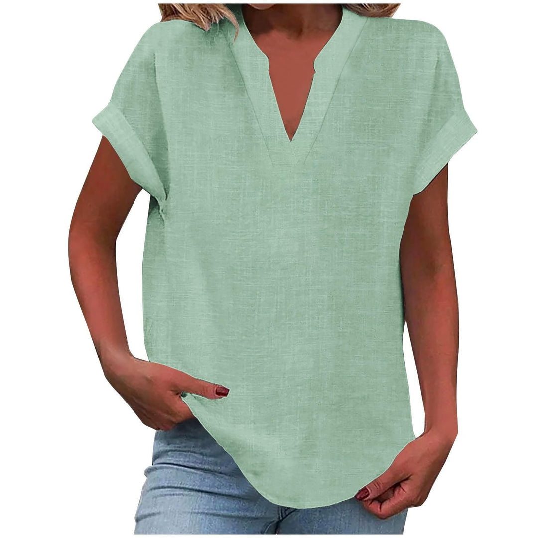 Front view of women's relaxed fit V-neck blouse, emphasizing its comfortable design and everyday wear.