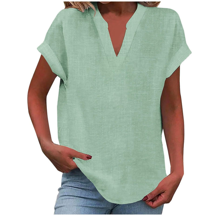 Front view of women's relaxed fit V-neck blouse, emphasizing its comfortable design and everyday wear.