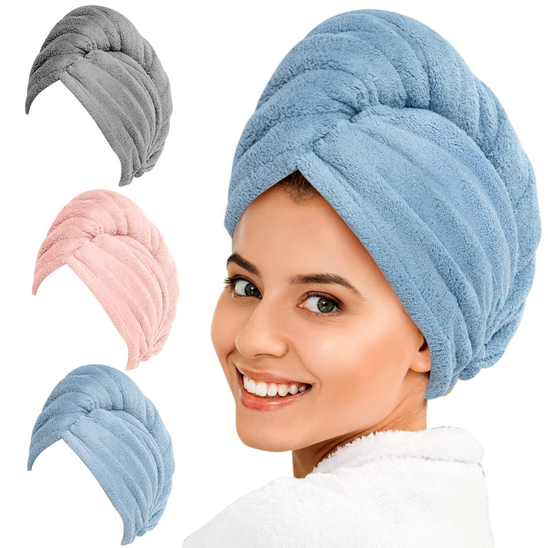 Women's 3-pack absorbent microfiber hair towel wrap for fast drying & frizz control.