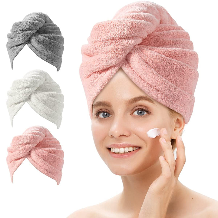 Absorbent microfiber hair towel wrap 3-pack for women's hair; reduces frizz, speeds drying.