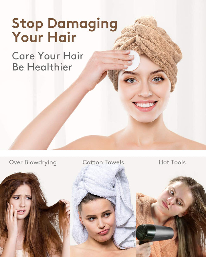 Premium 3-pack microfiber hair towel wraps for women; absorbent, fast drying, ideal for curly hair.