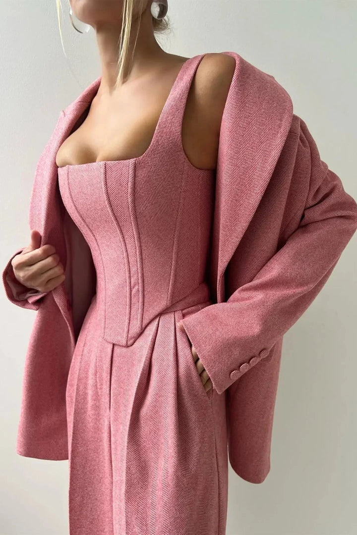 Fashionable women's 3-piece set with a corset bustier, wide leg pants, and a chic oversized blazer.