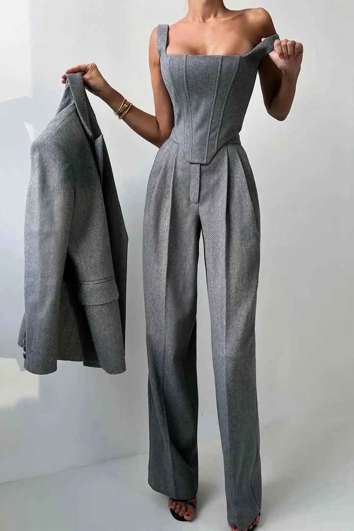 Chic women's blazer, wide leg pants & corset bustier co-ord set. Ideal for sophisticated evening wear.