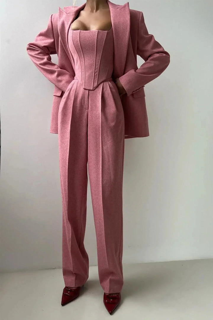Modern women's 3-piece fashion set including a corset, wide leg pants, and an oversized blazer.
