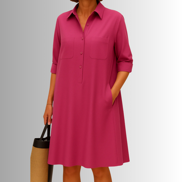 Stylish women's summer A-line button dress. Comfortable, casual, with a flattering swing silhouette.