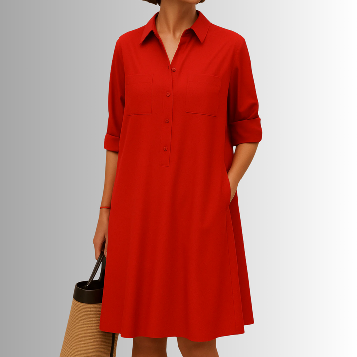 Women's everyday A-line dress, button-front, 3/4 sleeves, and pockets. Designed for all-day comfort.
