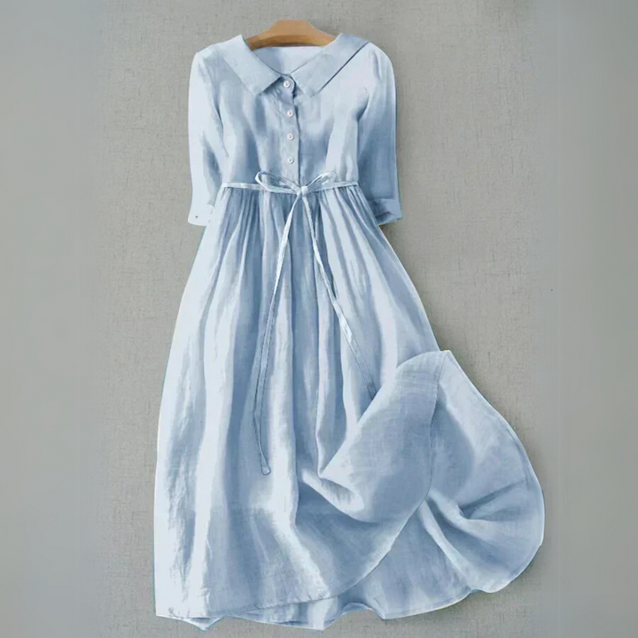 Women's A-line midi dress with short sleeves, perfect for casual spring & summer wear.