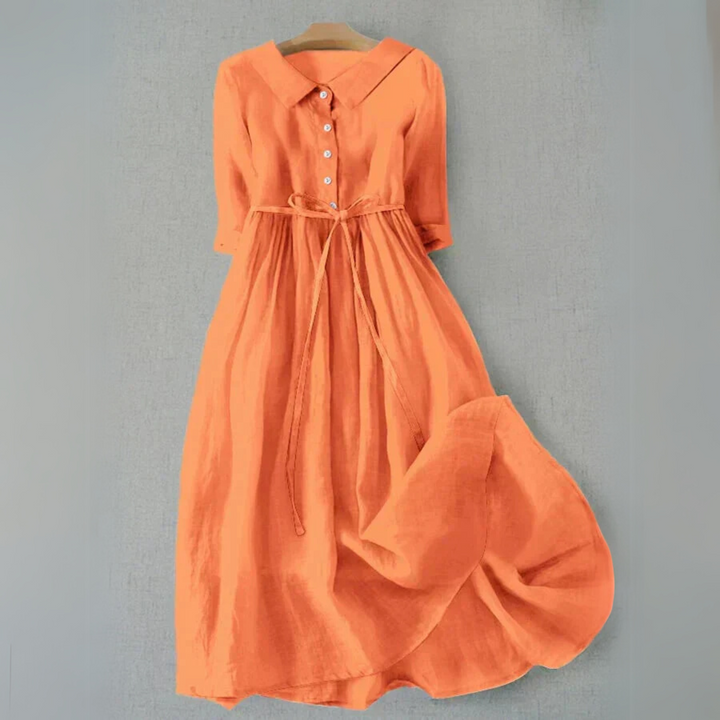 Comfortable women's A-line casual midi dress with short sleeves, relaxed fit for everyday wear.