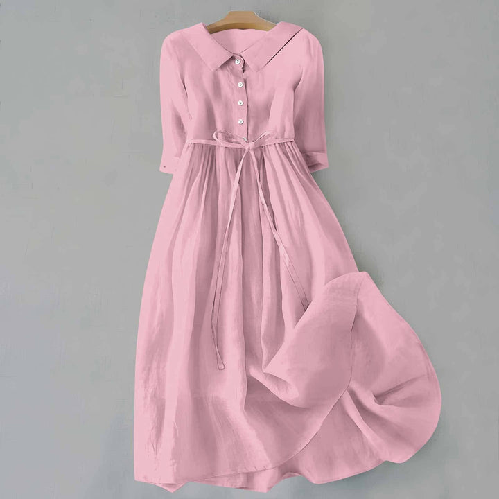Breathable women's short sleeve midi dress, A-line casual for comfortable spring & summer days.