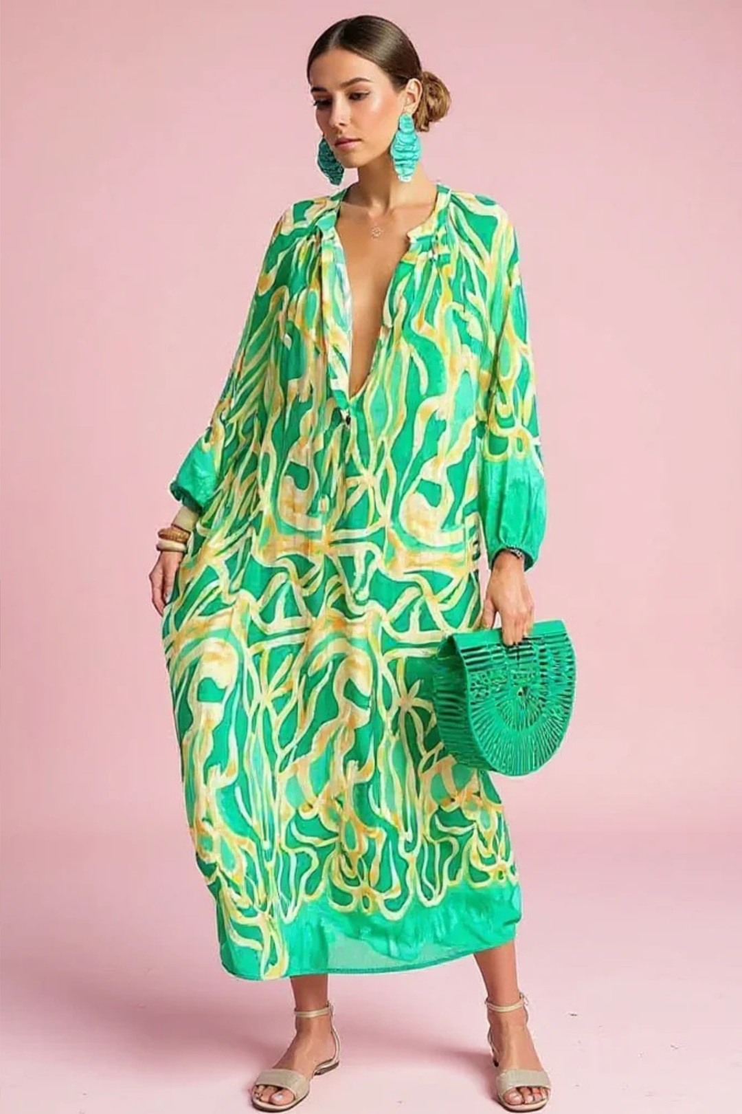 Women's abstract print V-neck kaftan maxi dress, perfect resort wear or stylish beach dress.