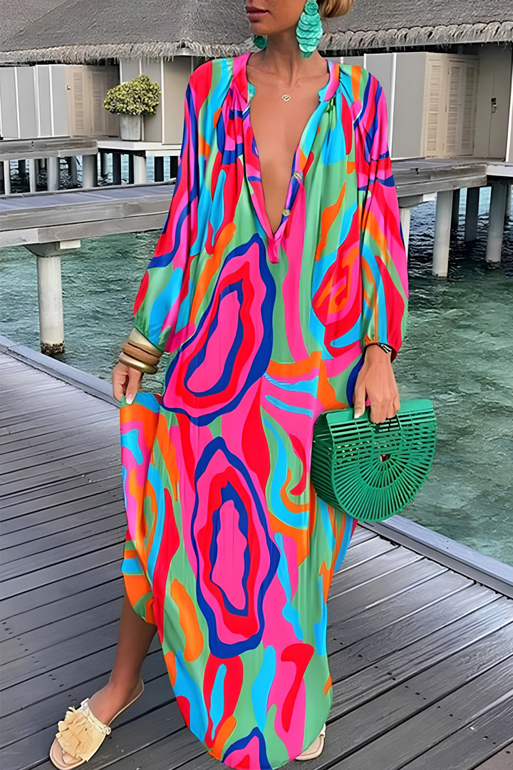 Stylish women's abstract print V-neck maxi kaftan dress, a comfortable and chic summer beach dress.