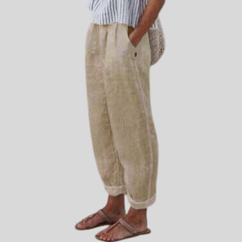 Women's airy folded hem trousers, perfect for summer comfort & relaxed casual wear. Stylish and versatile.