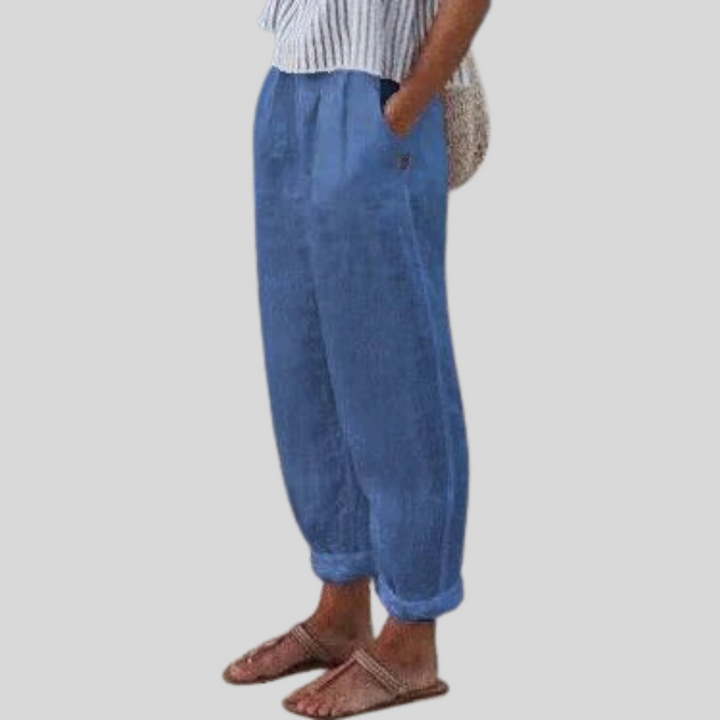 Comfortable women's relaxed fit folded hem pants, ideal for warm weather summer fashion and everyday style.