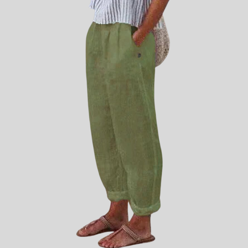 Stylish women's airy trousers with a unique folded hem, designed for ultimate summer comfort & breathability.