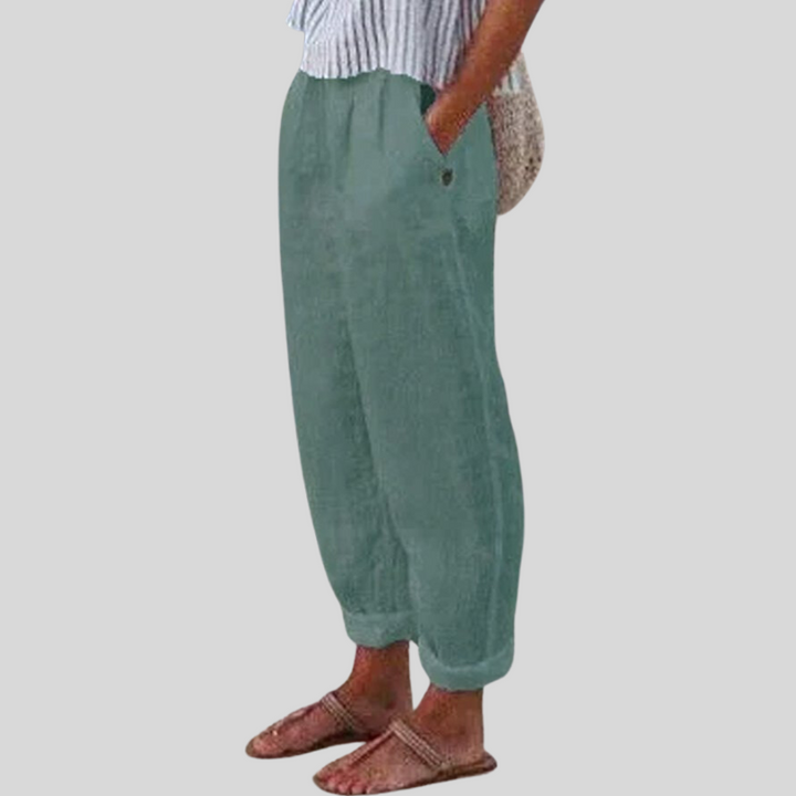 Versatile women's summer trousers with a folded hem. Effortless style for casual wear & warm weather comfort.