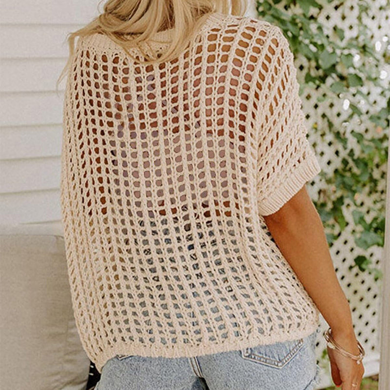 Apricot fishnet knit short sleeve top for women, a stylish casual wear & summer outfit.