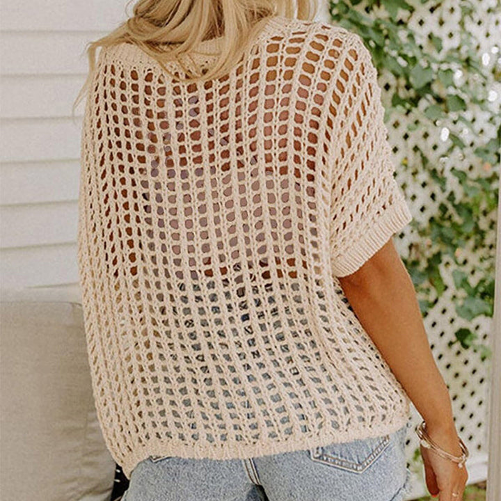 Apricot fishnet knit short sleeve top for women, a stylish casual wear & summer outfit.