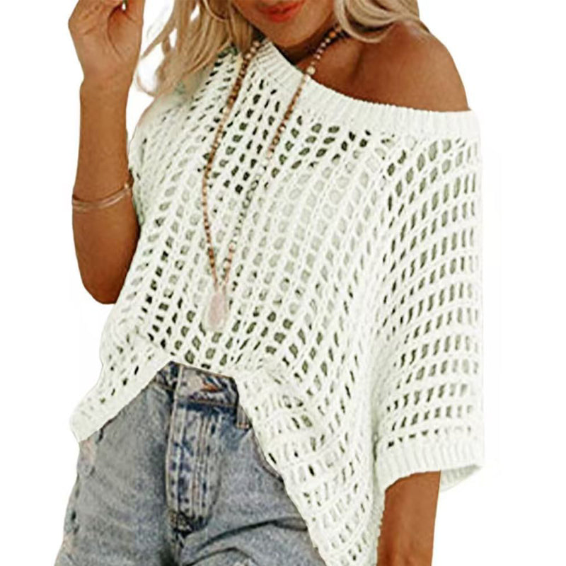 Black alluring fishnet knit short sleeve top for women, chic for date night or casual wear.