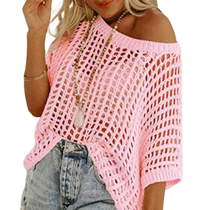 Blue women's fishnet knit short sleeve top, a trendy summer style & versatile layering piece.