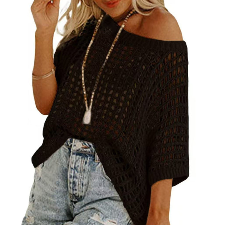 Stylish women's fishnet knit short sleeve top, a modern take on versatile fashion and layering.