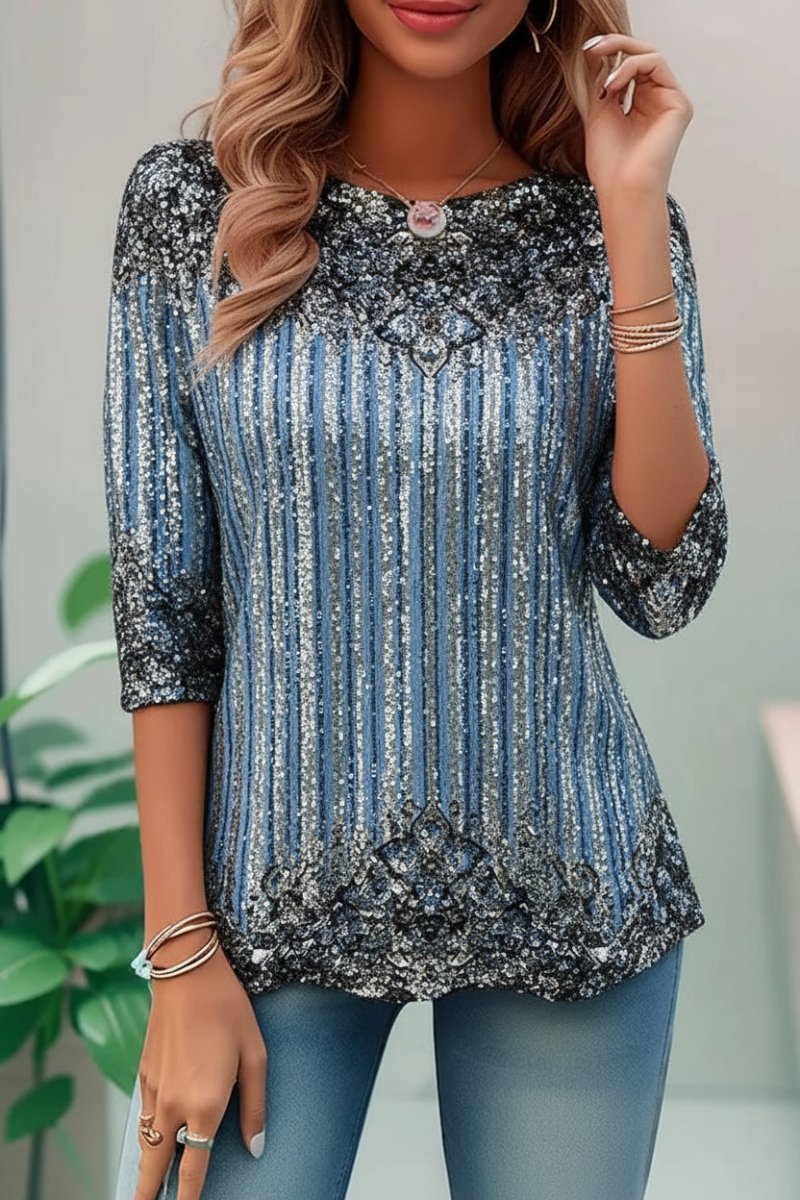 Sparkling women's evening top, loose fit, sequin embellishment, three-quarter sleeve for glamorous style.