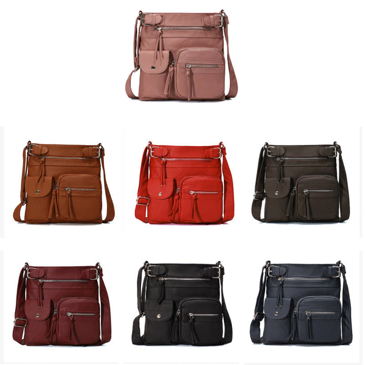 Front view of a chic anti-theft women's crossbody bag, ideal for safe and stylish urban exploration.