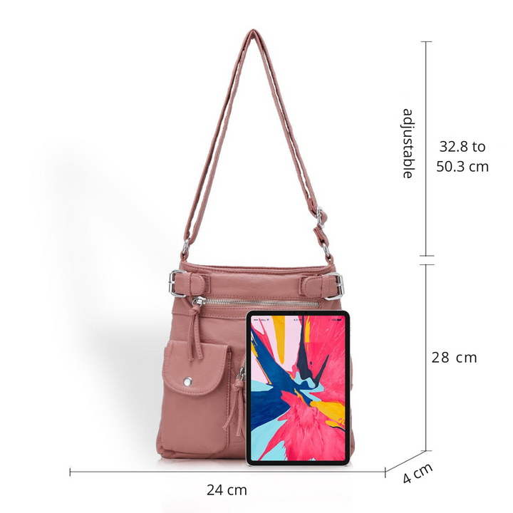 Secure women's shoulder bag, showcasing its capacity to hold phone, wallet, and travel documents.