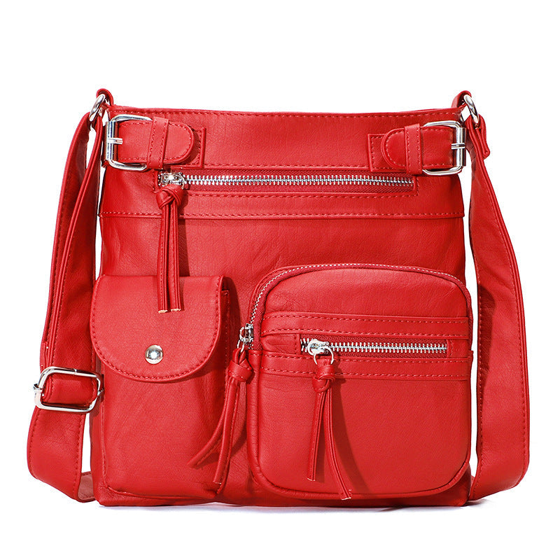 Ladies' secure anti-theft bag, side profile, demonstrating slim design and easy-access pockets.