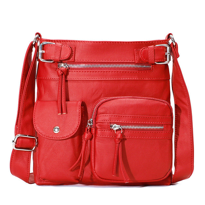 Ladies' secure anti-theft bag, side profile, demonstrating slim design and easy-access pockets.