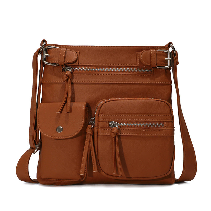 Stylish women's secure daily bag, worn over a coat, highlighting its modern design and anti-theft benefits.