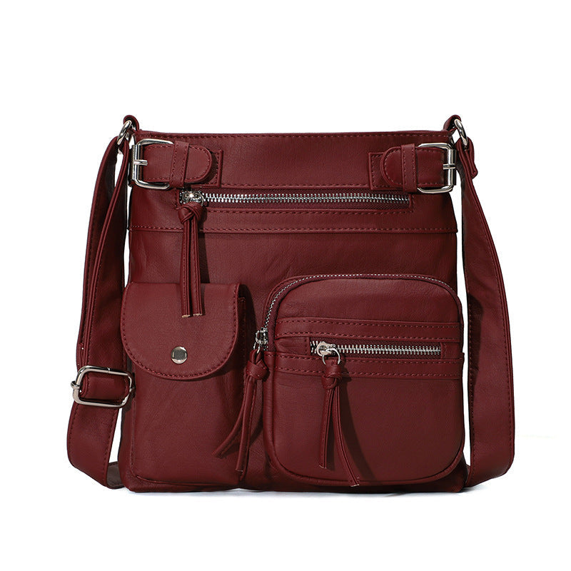 Interior view of a women's anti-theft crossbody bag, organized with RFID-blocking pocket.