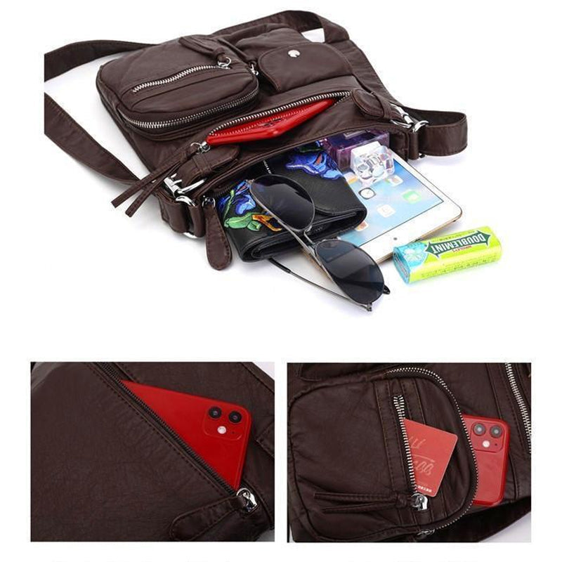 Organized anti-theft crossbody bag for women, showing spacious interior with hidden pockets.