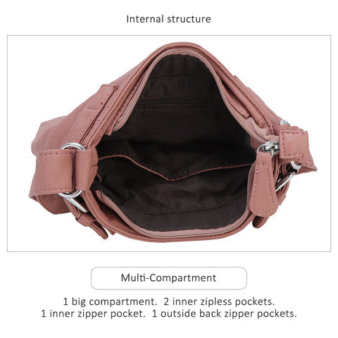 Close-up of secure zipper & strap on a women's anti-theft crossbody bag, enhancing peace of mind.