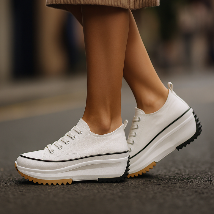 Close-up of Arlina Rise women's daily wear platform sneakers, showing lace-up detail & comfort sole.