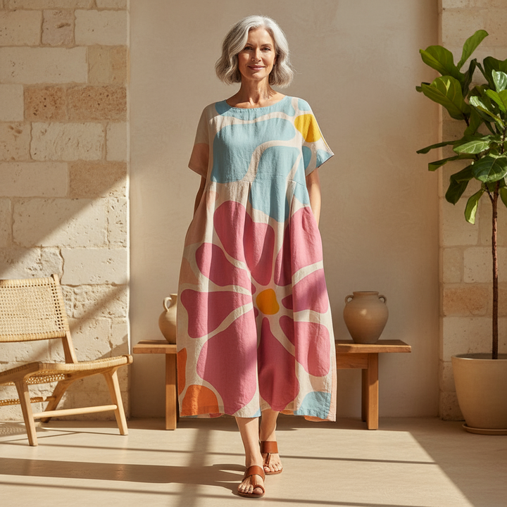 Women's artistic print relaxed midi dress, perfect for casual everyday style.