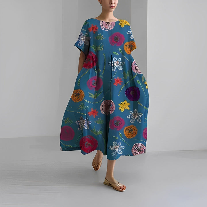 Women's artistic print pocket midi dress, relaxed fit & short sleeves, great for everyday style.