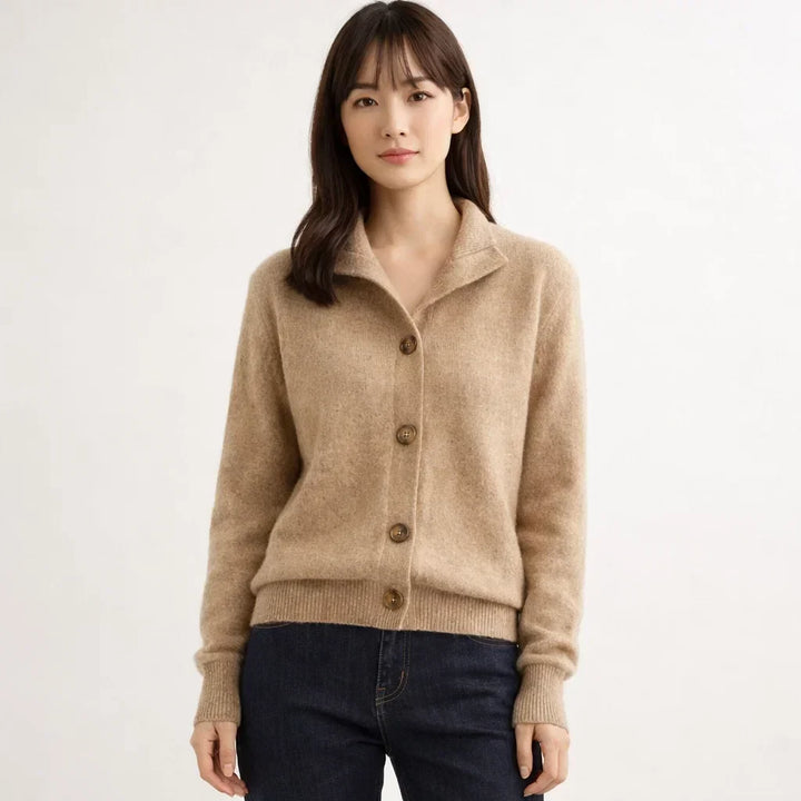 Elegant women's asymmetrical button knit cardigan with high neck. Versatile casual or dressy top.