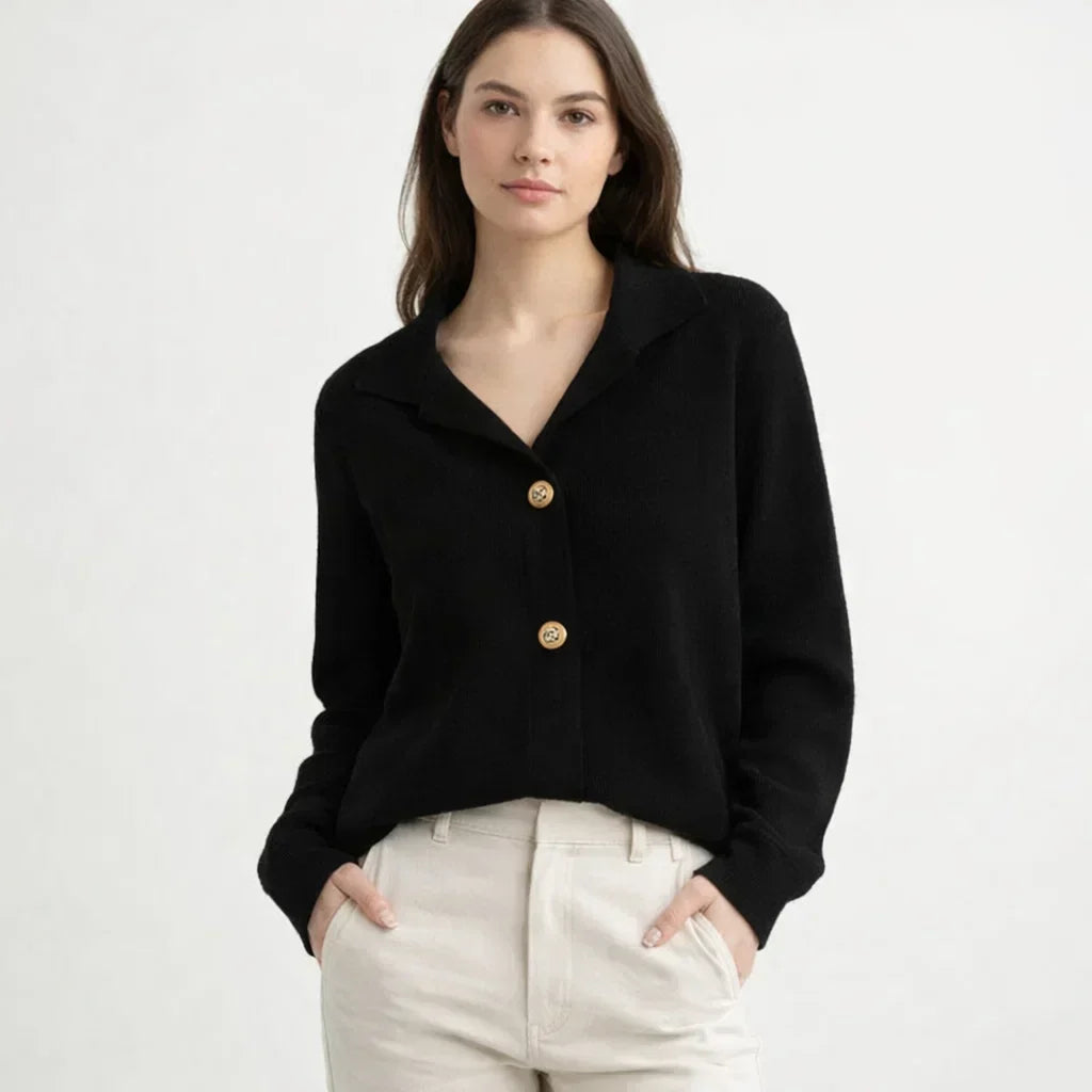 Stylish women's asymmetrical knit cardigan. Features a unique button placket for fall & winter wear.