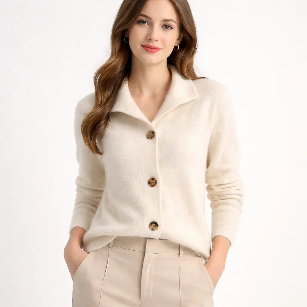 Relaxed fit women's asymmetrical knit cardigan. A cozy, elegant sweater for versatile fall fashion.