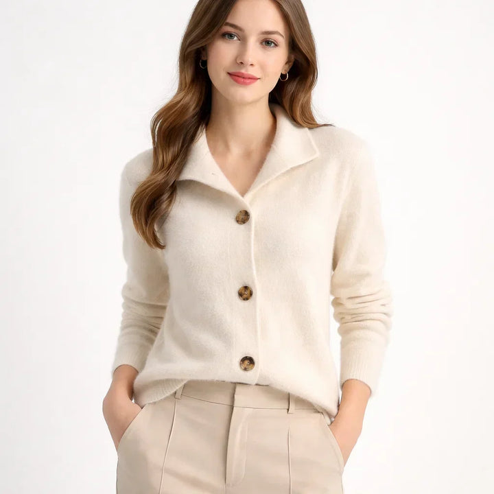 Relaxed fit women's asymmetrical knit cardigan. A cozy, elegant sweater for versatile fall fashion.