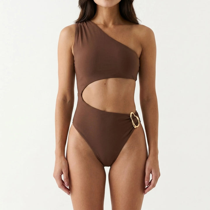 Chic women's one-piece asymmetrical swimsuit with a single shoulder & stylish cut-outs. Ideal beach vacation outfit.