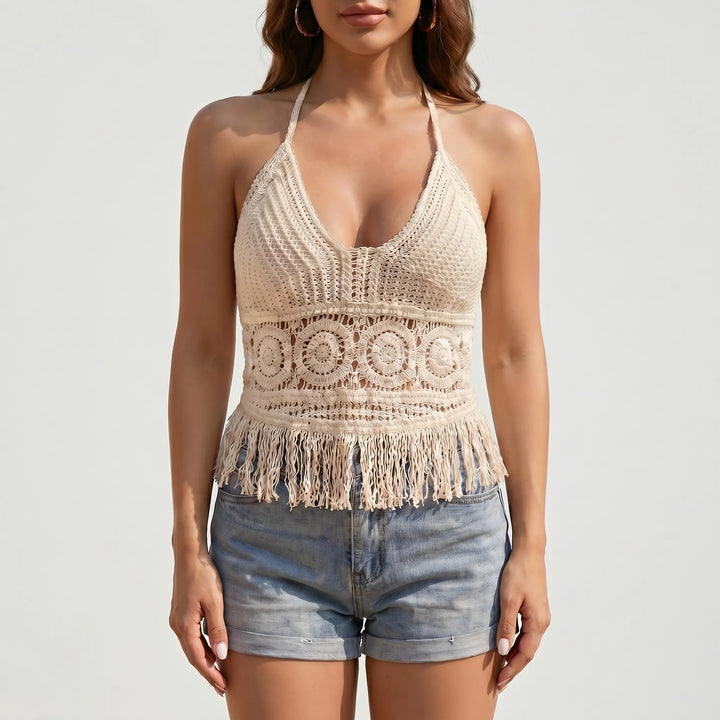 Adjustable backless crochet halter top for women with fringe. Sleeveless design, perfect for summer, beach, and boho style fashion.