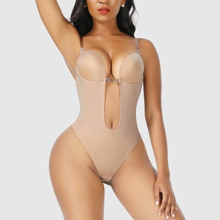 Women's backless deep plunge body shaper for a smooth, instant figure. Seamless foundation garment.