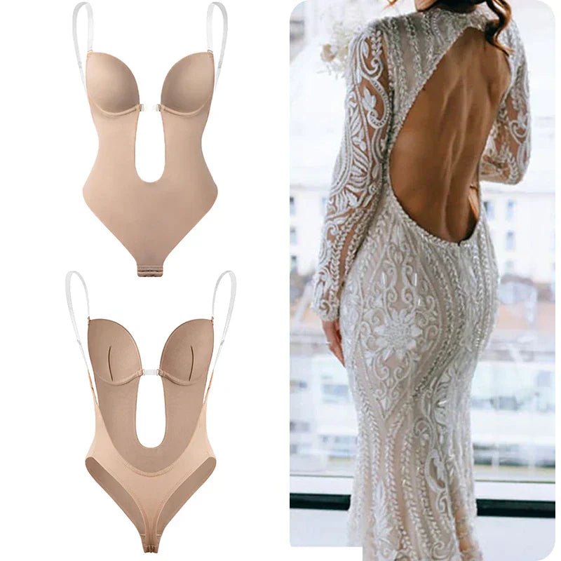 Seamless women's body shaper with backless design & deep plunge for an enhanced, comfortable figure.