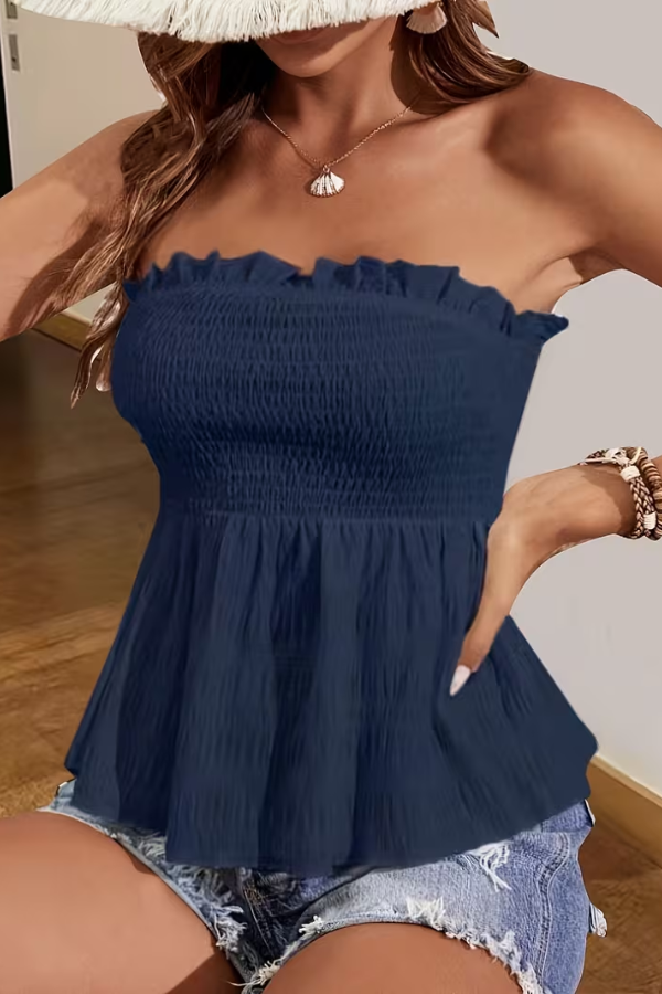 Chic women's bandeau tube top with a unique backless design & flowy flared hem. Versatile summer sleeveless top.