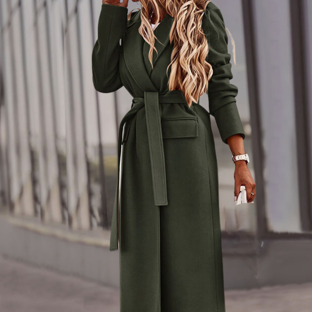 Women's belted maxi jacket, longline and versatile, perfect for elegant layering in spring or fall.