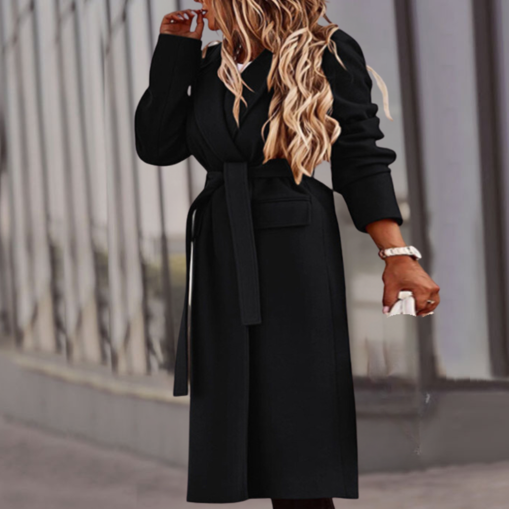 Elegant women's longline maxi jacket with belt, versatile outerwear for sophisticated spring & fall fashion.