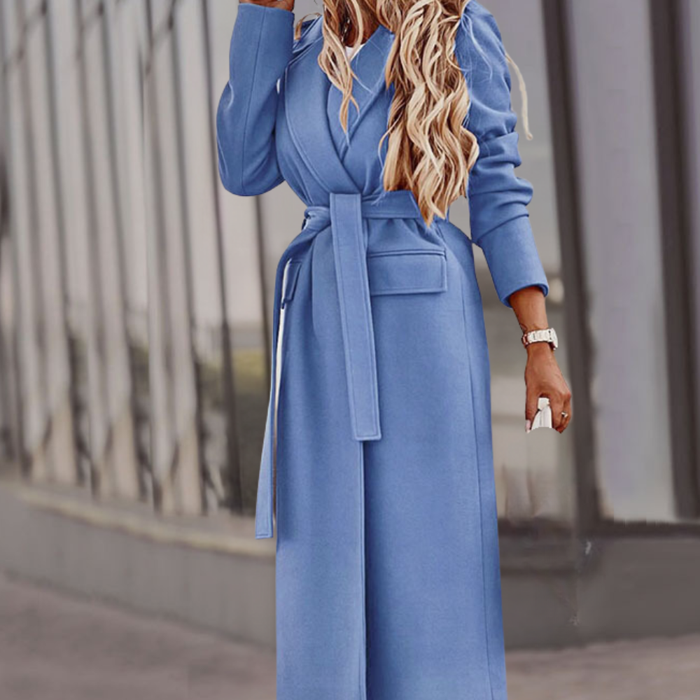 Chic women's belted maxi jacket, a longline coat for versatile and elegant layering in any season.